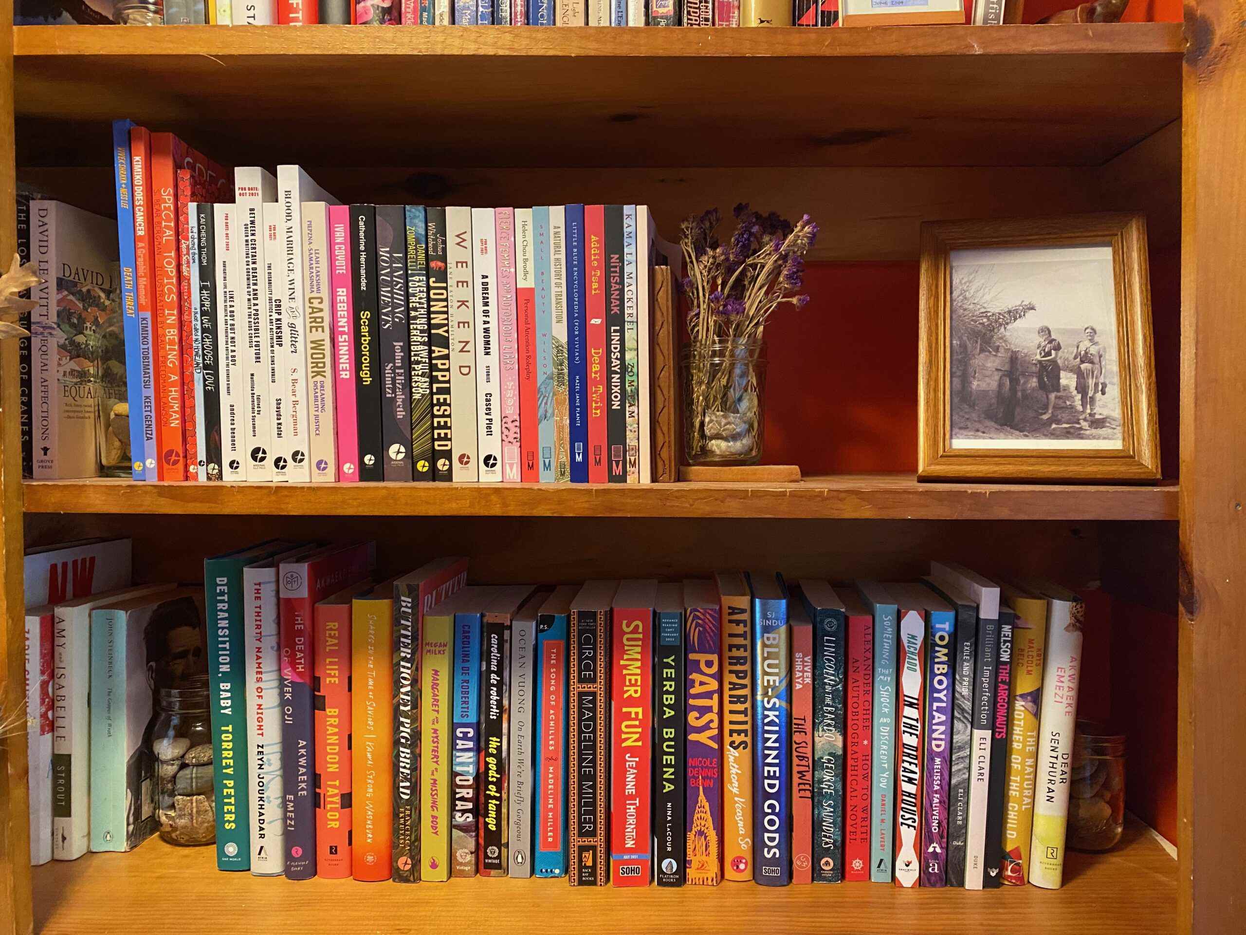 Un gros plan de deux étagères en bois de livres colorés.  Photo de l'auteur. 
