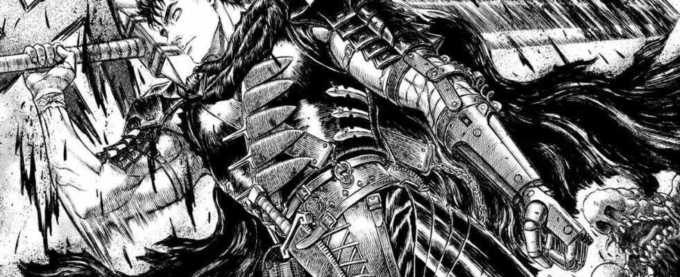 A black and white image of Guts in Berserk