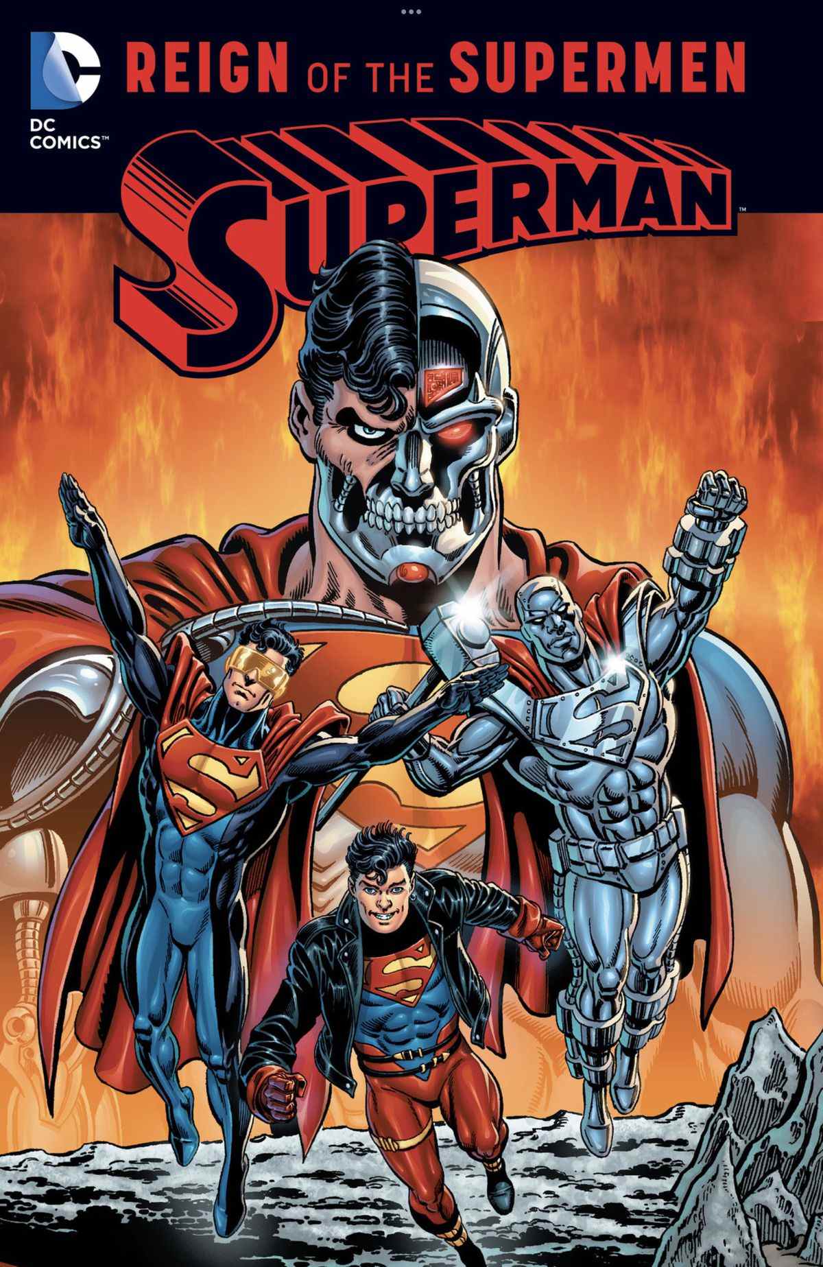 Cyborg Superman, un effrayant cyborg Superman;  l'Eradicator, un Superman portant des lunettes de soleil d'un autre monde;  Superboy, un adolescent Superman, et Steel, un gars dans un costume en métal avec le logo de Superman ;  sur la couverture de Reign of the Supermen (DC Comics). 