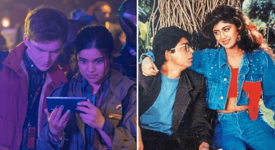 Side-by-side images of two teens looking at a mobile device (still from "Ms. Marvel") and a movie poster featuring a man holding a revolver and wearing sunglasses with the faces of two women pictured in them (promotional poster for "Baazigar").