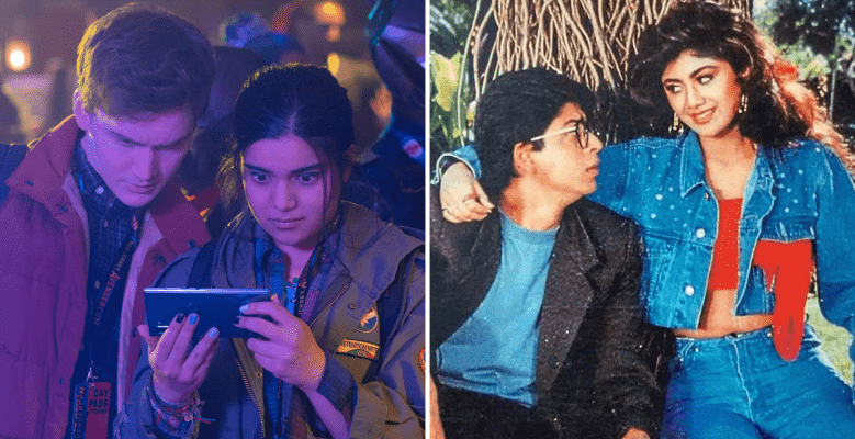 Side-by-side images of two teens looking at a mobile device (still from "Ms. Marvel") and a movie poster featuring a man holding a revolver and wearing sunglasses with the faces of two women pictured in them (promotional poster for "Baazigar").