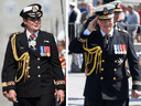 La gouverneure générale Julie Payette, à gauche, et le gouverneur général David Johnston, à droite, tous deux vêtus de leur uniforme officiel de commandant en chef de la Marine royale canadienne.  Ils ont donné à Payette un chapeau différent parce que c'est une dame. 