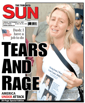 Rachel Uchitel apparaît sur la couverture du Toronto Sun du 14 septembre 2001 alors qu'elle cherchait son fiancé à la suite de l'attaque terroriste à New York.