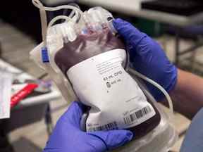 Un sac de sang est présenté dans une clinique de Montréal, le jeudi 29 novembre 2012. Des directives plus strictes sur le fer pour les donneurs de sang réduiront presque certainement les prélèvements à court terme, a déclaré un porte-parole de la Société canadienne du sang alors que l'agence nationale appelait à davantage de dons. .