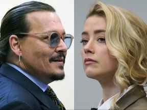Cette combinaison de deux photos distinctes montre l'acteur Johnny Depp, à gauche, et Amber Heard dans la salle d'audience du palais de justice du comté de Fairfax à Fairfax, en Virginie, le lundi 23 mai 2022.
