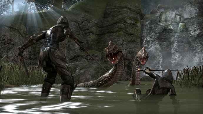 Deux guerriers combattent un serpent géant dans The Elder Scrolls Online.