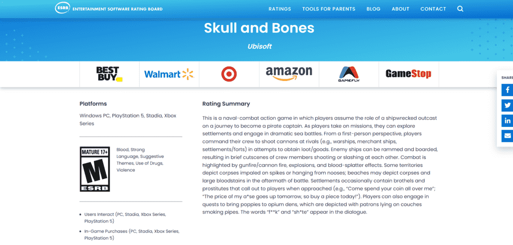   Classement ESRB de Skull and Bones