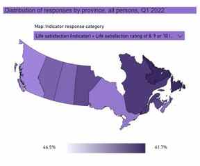 Carte de Statistique Canada montrant les niveaux de satisfaction à l'égard de la vie au Canada.  Pour une version interactive, cliquez ici