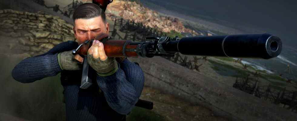 Karl looking at a sniper rifle.