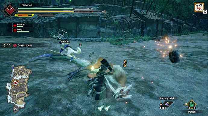 Un monstre abattu dans Monster Hunter Rise reçoit un coup de grâce de la part du groupe.  Les chiffres jaunes indiquent que son point faible est son cou.