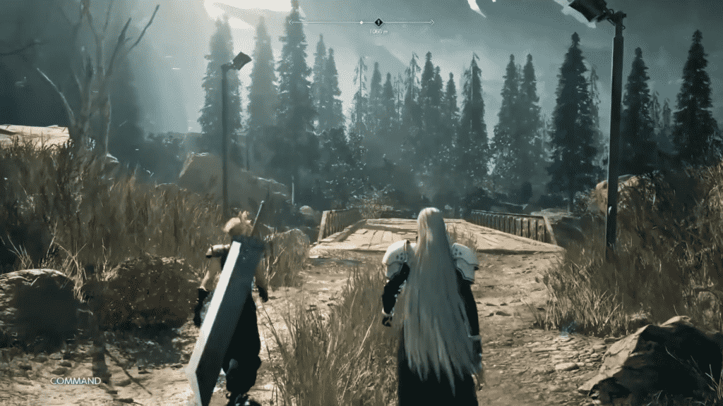 Cloud et Sephiroth traversant Nibelheim dans Final Fantasy VII: Rebirth