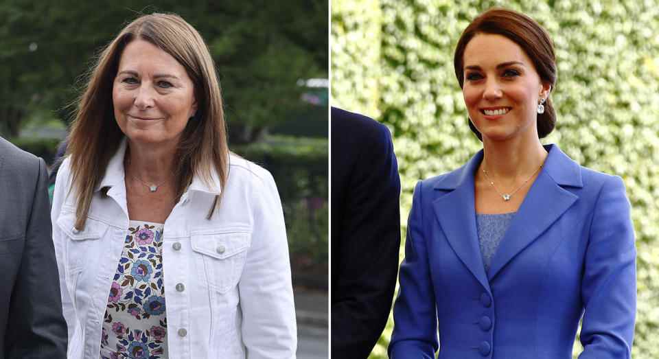 Carole Middleton et Kate Middleton ont toutes deux porté les colliers de topaze bleue lors d'apparitions publiques.  (Getty Images)