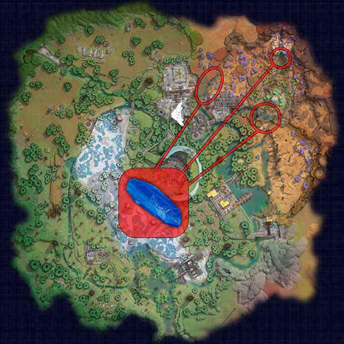 Une carte de Crescent Falls dans The Cycle: Frontier, avec les meilleurs emplacements pour trouver Veltecite marqué.