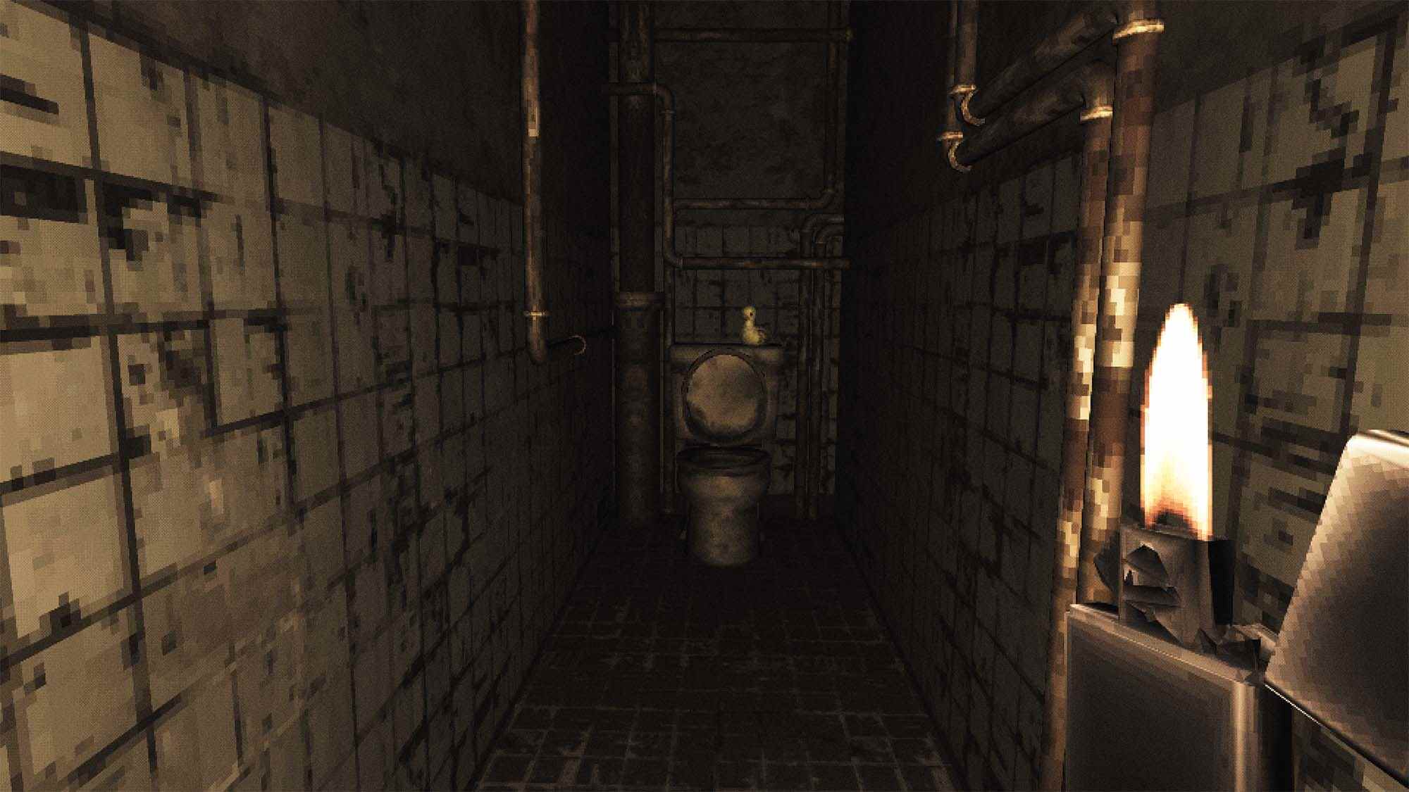 Le joueur tenant un briquet dans un couloir sombre et carrelé des toilettes