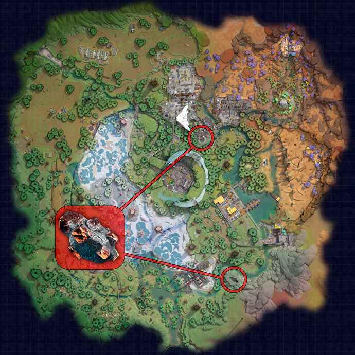 Une carte de Crescent Falls dans The Cycle: Frontier, avec les meilleurs emplacements pour trouver Titan Ore marqué.