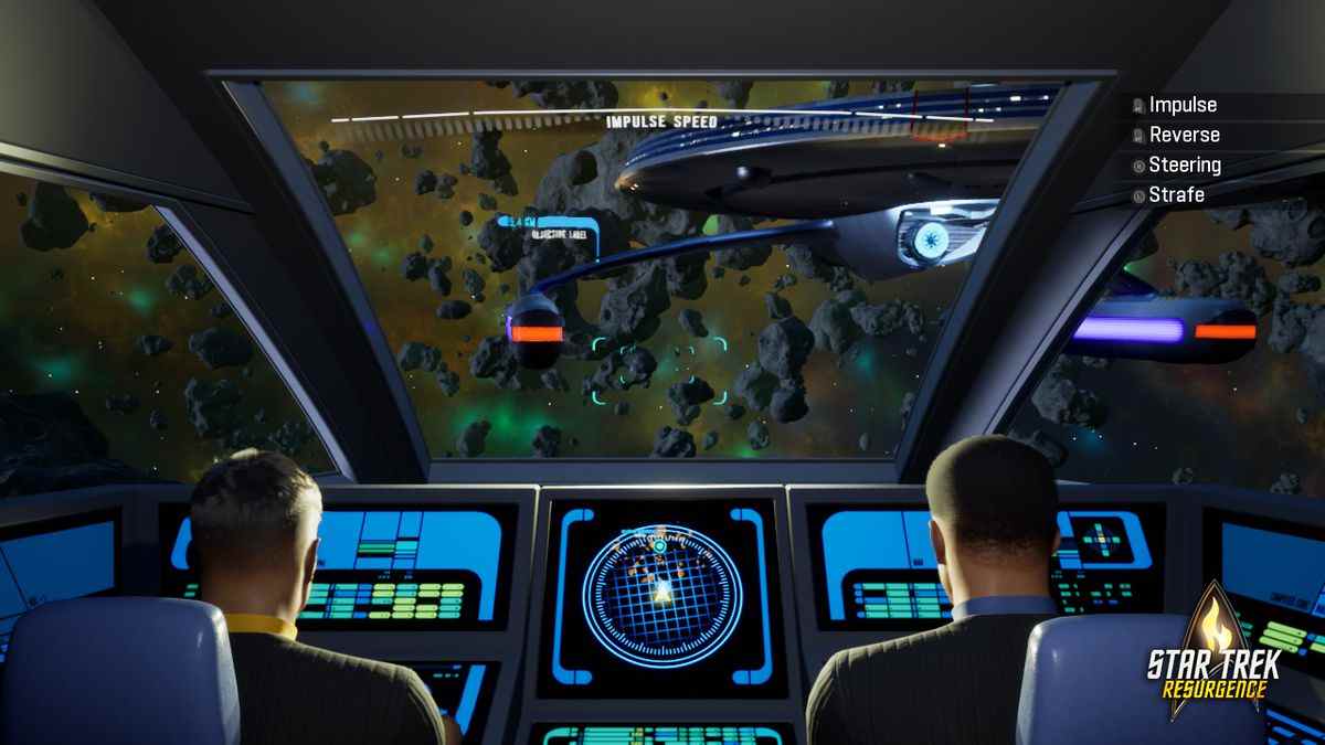 Des membres d'équipage de Starfleet pilotent une navette vers un vaisseau spatial et un champ d'astéroïdes dans une capture d'écran de Star Trek: Resurgence