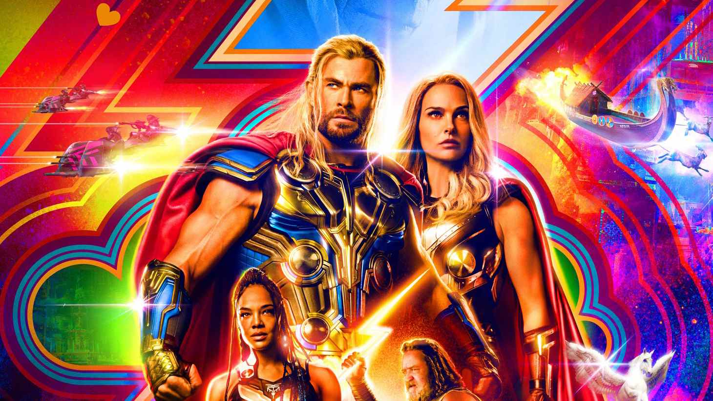 Chris Hemsworth comme Thor, Natalie Portman comme Jane Foster/The Mighty Thor, Tessa Thompson comme King Valkyrie et Russell Crowe comme Zeus dans Thor : Love and Thunder poster art