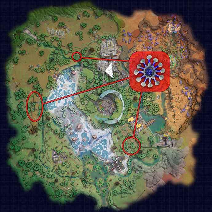 Une carte de Crescent Falls dans The Cycle: Frontier, avec les meilleurs emplacements pour trouver Pale Ivy Blossom mis en évidence.