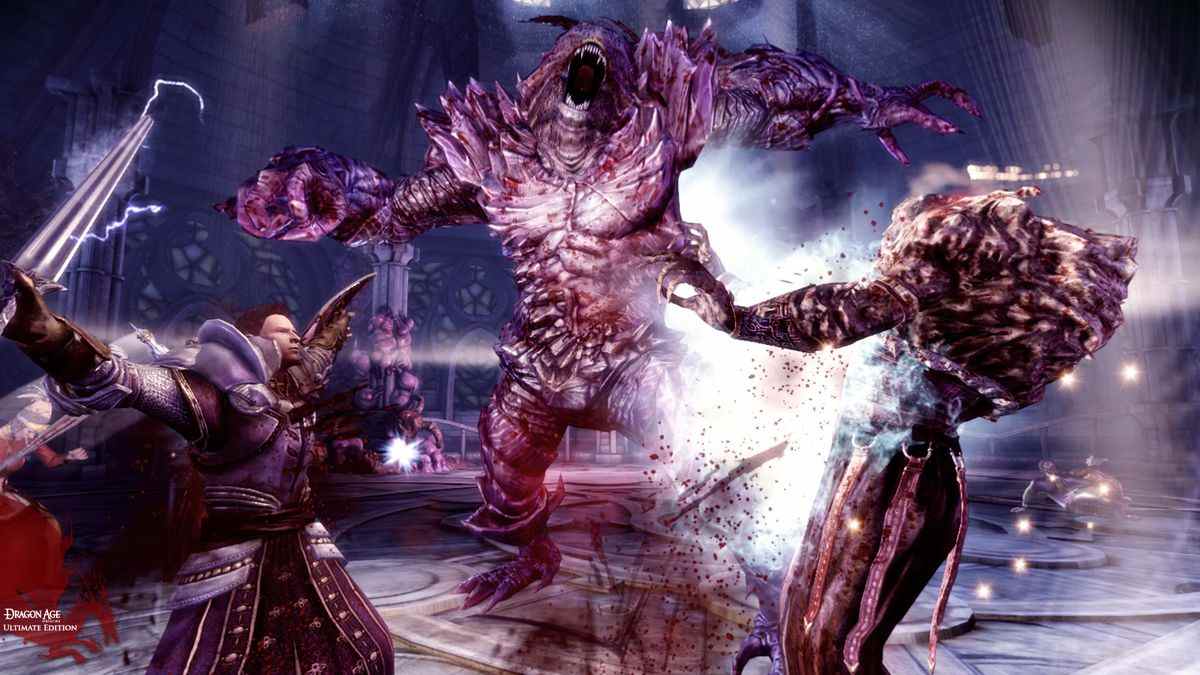 Dragon Age Origins : Alistair et les Grey Wardens combattent un monstrueux Darkspawn.