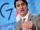 Le Premier ministre canadien Justin Trudeau fait une déclaration à la presse au château d'Elmau, dans le sud de l'Allemagne, à la fin du sommet du G7 mardi.