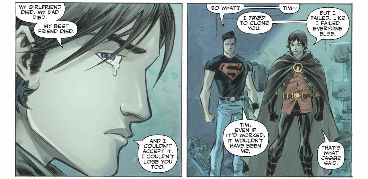 En larmes, Tim Drake/Red Robin explique à Superboy/Conner Kent qu'au cours d'une année où sa petite amie, son père et son meilleur ami sont morts, la seule personne qu'il a essayé de ramener d'entre les morts était Superboy, dans Adventure Comics #3 (2009) .