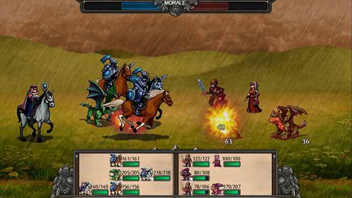 Une escouade de guerriers à cheval attaque une escouade ennemie avec un copain petit dragon dessus dans Symphony Of War