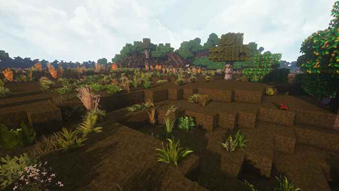Une capture d'écran Minecraft d'un paysage affiché à l'aide du pack de textures Dark Renaissance.
