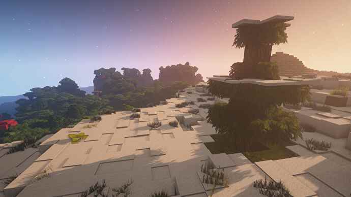Une capture d'écran Minecraft d'un paysage affiché à l'aide du pack de textures LB Photo Realism.