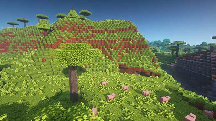 Une capture d'écran Minecraft d'un paysage affiché à l'aide du Bloom Texture Pack.