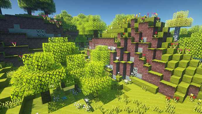 Une capture d'écran Minecraft d'un paysage affiché à l'aide du pack de textures Jolicraft.