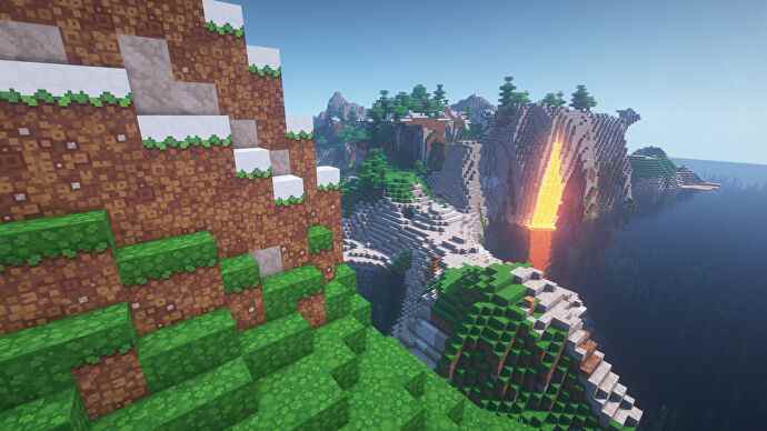 Une capture d'écran Minecraft d'un paysage affiché à l'aide du Quadral Texture Pack.