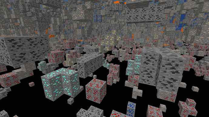Une capture d'écran Minecraft d'un paysage affiché à l'aide du Xray Ultimate Texture Pack.