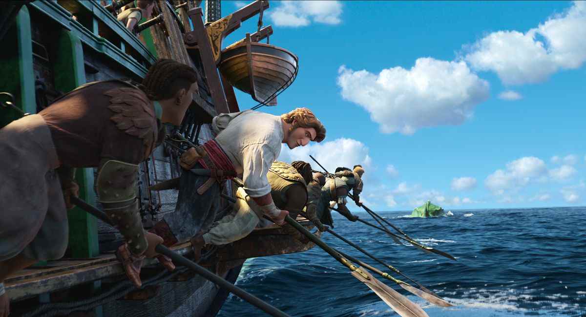 Un groupe de marins ramant sur un voilier dans le film d'animation The Sea Beast de Netflix
