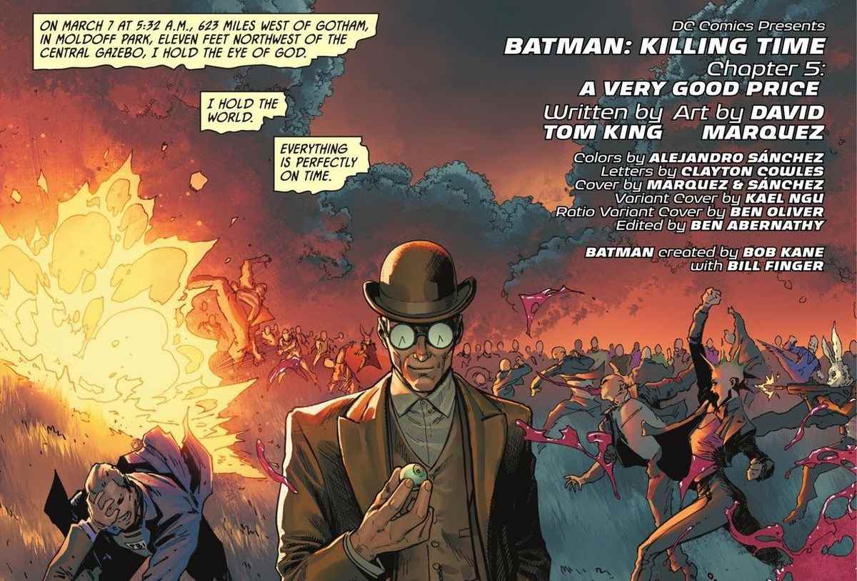 Le Roi de l'Horloge, dans son chapeau melon et ses lunettes à cadran, s'éloigne calmement d'un champ de bataille chaotique et sanglant d'hommes de main de Gotham City dans Batman : Killing Time #5 (2022). 