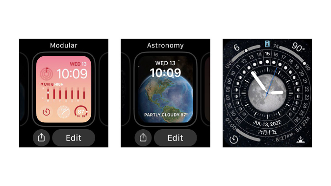 Trois captures d'écran montrant, de gauche à droite, les nouveaux cadrans des montres Modular, Astronomy et Lunar dans la version bêta de watchOS 9.