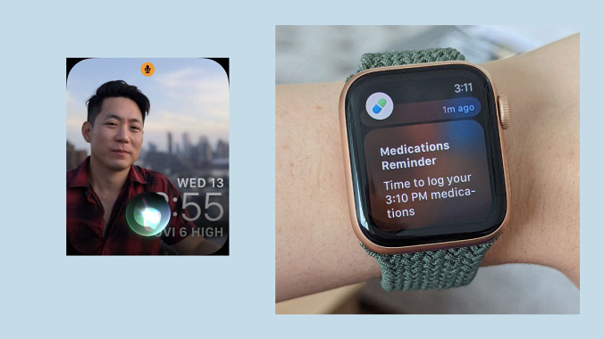 Une capture d'écran et une image montrant, de gauche à droite, un symbole Siri flottant sur l'écran d'accueil de watchOS 9, et un rappel de médicaments.