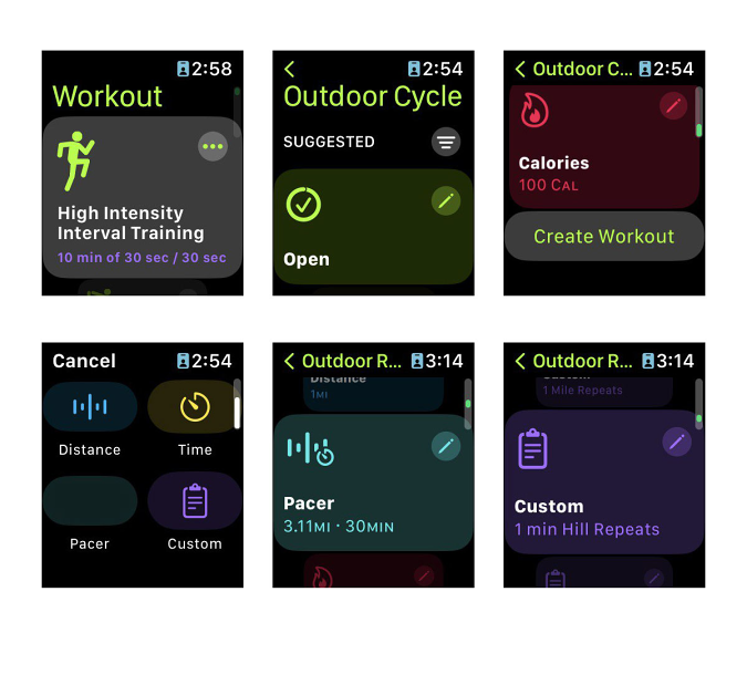 Six captures d'écran montrant les nouveaux entraînements personnalisés dans la version bêta de watchOS 9.