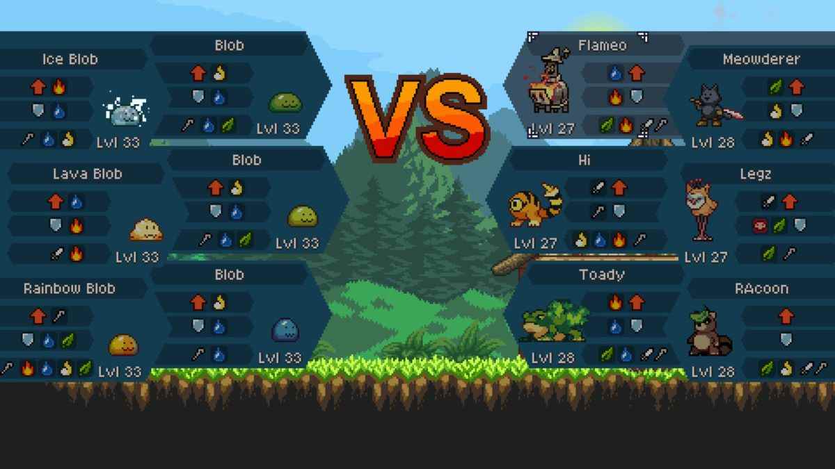 Un écran versus montrant deux groupes de six ennemis s'affrontant.  L'un des groupes est une variété de créatures, tandis que l'autre groupe est composé uniquement de différents types de blobs.