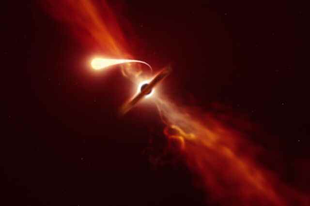 Vue d'artiste d'une étoile bouleversée par la puissante gravité d'un trou noir supermassif.