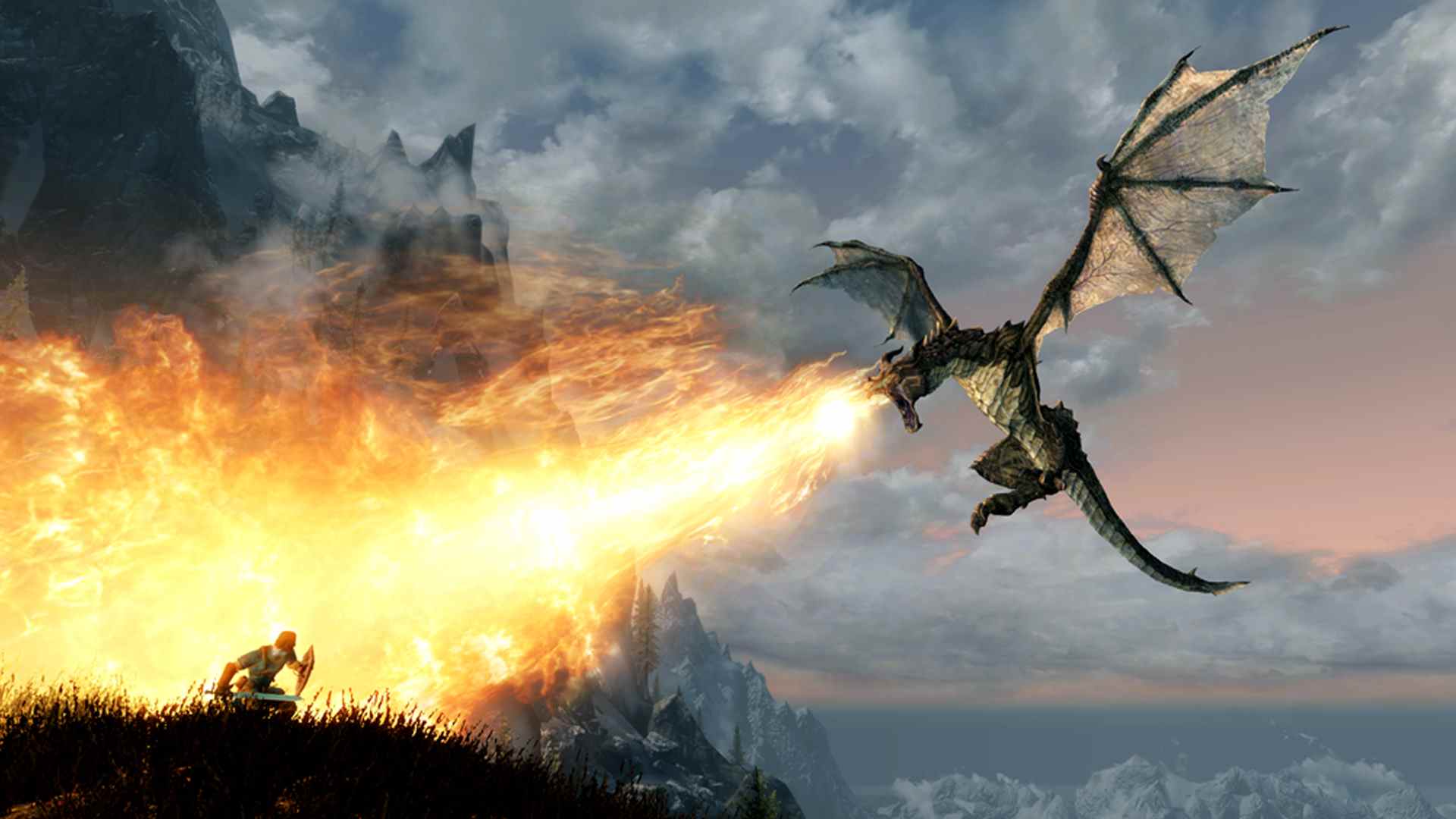 Un dragon fait exploser un homme avec un bouclier dans Skyrim