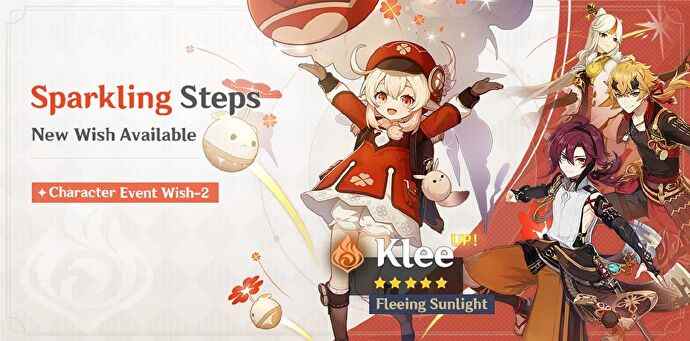 La bannière Sparkling Steps de Genshin Impact telle qu'elle est apparue en juillet 2022, montrant le personnage exclusif Klee et les personnages vedettes Shikanoin Heizou, Ningguang et Thoma.