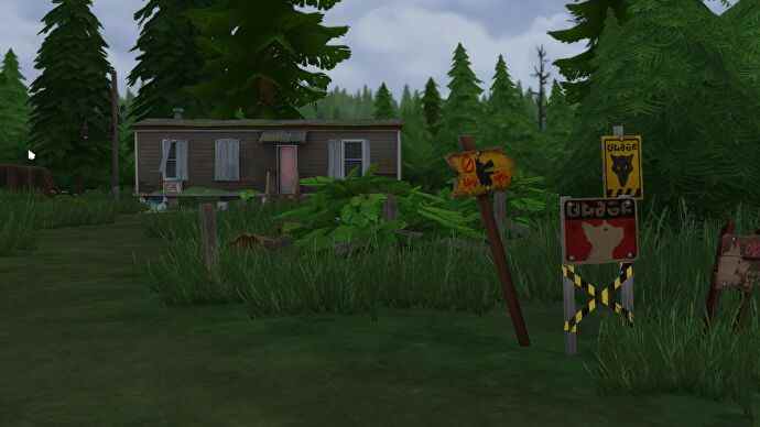 La cabane isolée de Greg dans Les Sims 4 Loups-garous, avec des panneaux d'avertissement affichés devant.