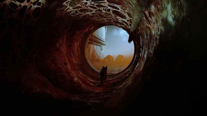 Un chat marche dans un tunnel sombre recouvert d'un champignon d'apparence charnue dans Stray