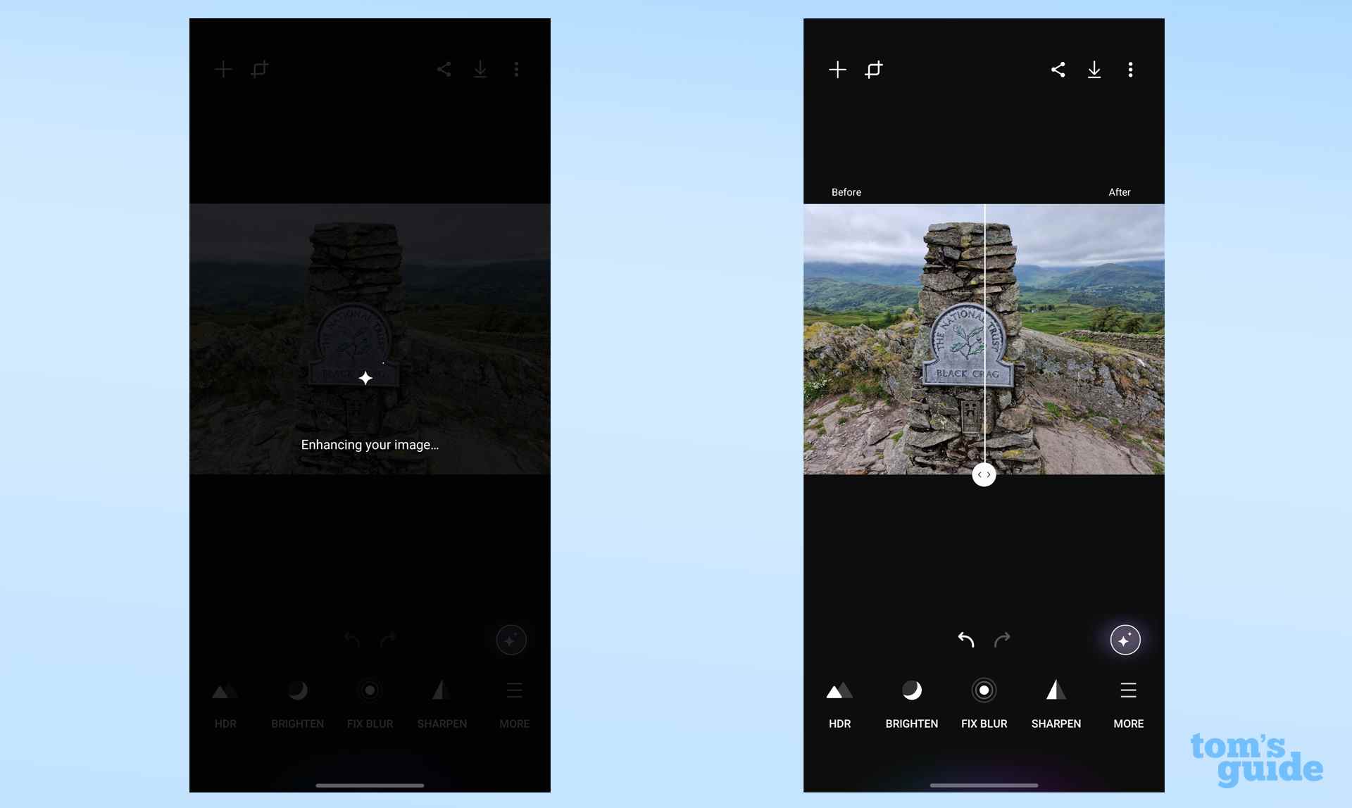 Deux captures d'écran de l'application Samsung Galaxy Enhance-X effectuant des modifications automatisées sur une image