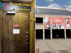 GAUCHE : Fame Studios à Muscle Shoals, Ala. DROITE : Le Grand Ole Opry à Nashville.  (Andrew Woodley/Universal Images Group/Getty Images ; Mark Humphrey/AP)