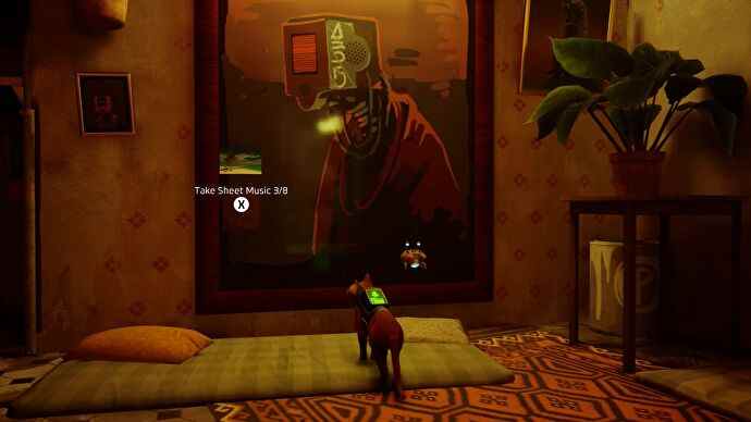 Capture d'écran errante montrant un chat fixant un grand tableau sur un mur.  La pièce a un matelas sur le sol et une partition de musique est attachée au tableau.