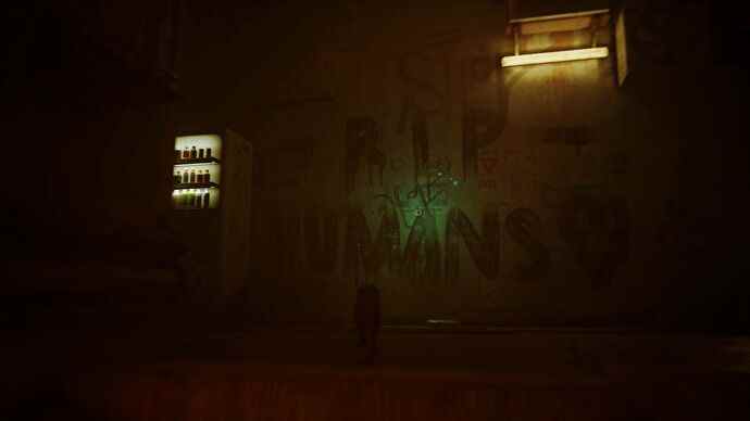 Capture d'écran parasite montrant un distributeur automatique illuminé à côté de graffitis qui se lisent 