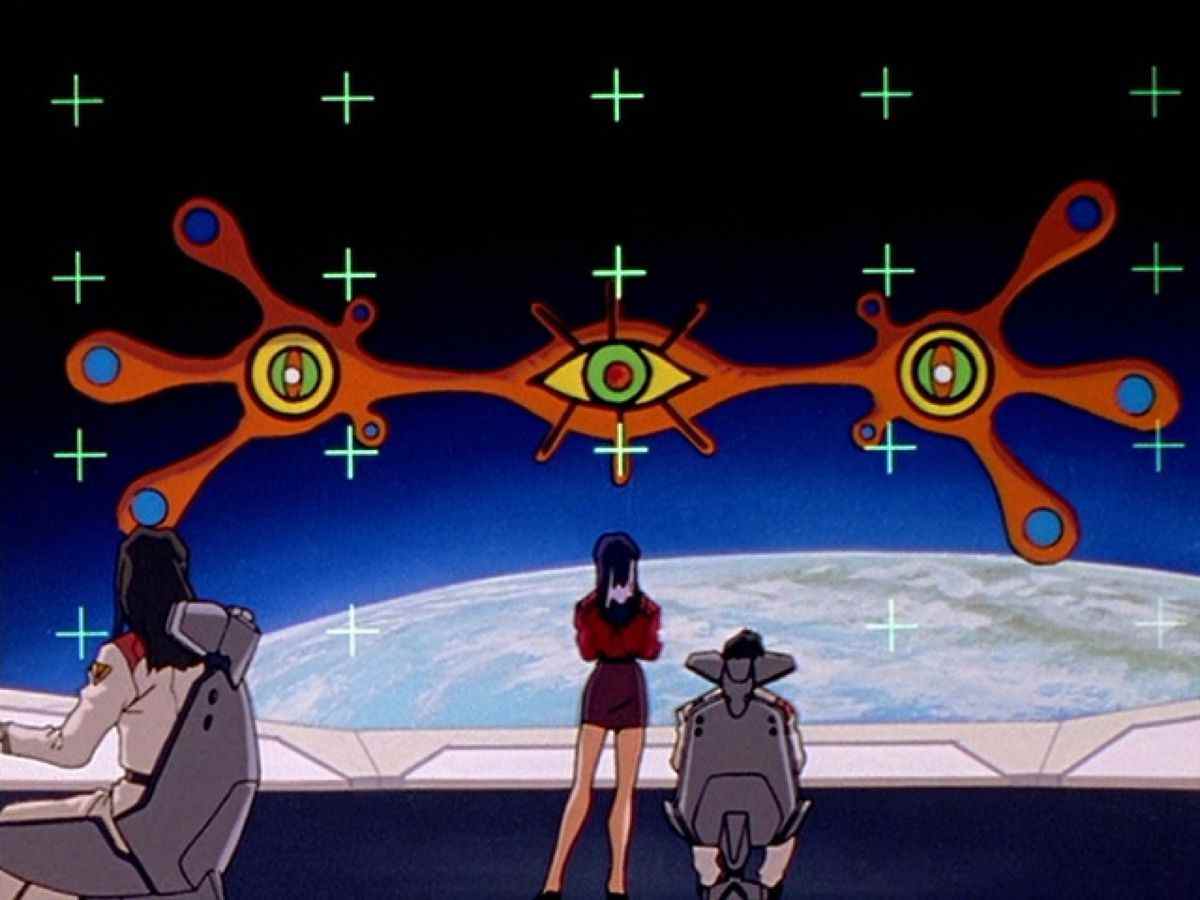 Une image de Sahaquiel, le dixième ange de Neon Genesis Evangelion, affichée sur un grand écran au siège de la NERV.