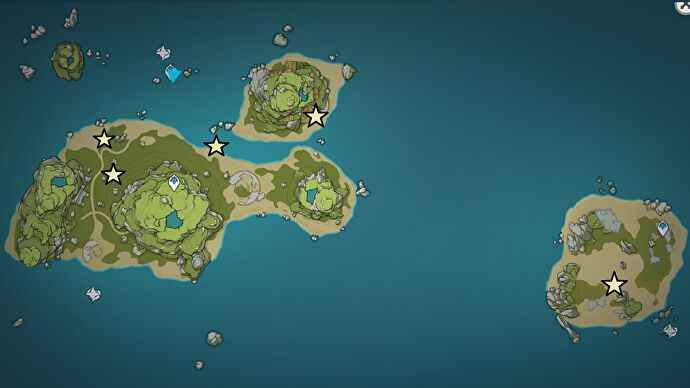 Une carte de Broken Isle, qui fait partie de l'archipel Golden Apple dans Genshin Impact, montrant les emplacements des Phantasmal Conches dans la version 2.8.
