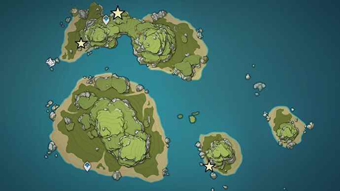 Une carte de Twinning Isle, qui fait partie de l'archipel Golden Apple dans Genshin Impact, montrant les emplacements des Phantasmal Conches dans la version 2.8.